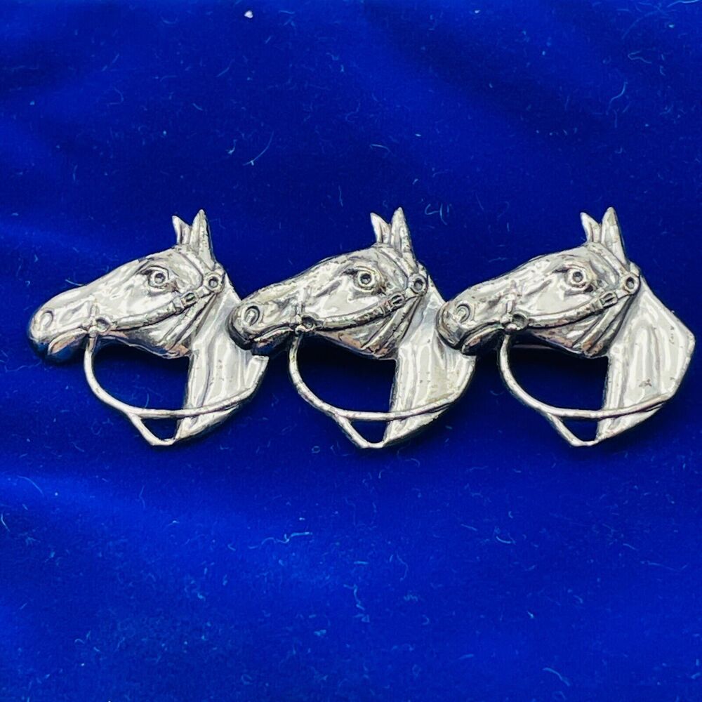 Vintage Sterling Silver Three Horse Head Repousse Pin 2.25" Figural Brooch 3.93g